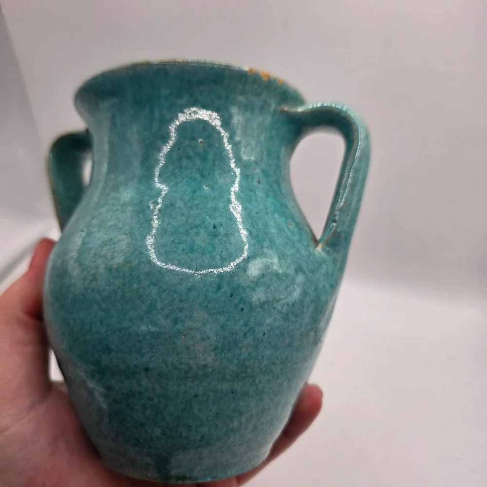 Vintage Monmouth Pottery Turquoise Double Handle Vase Aqua Art Pottery USA